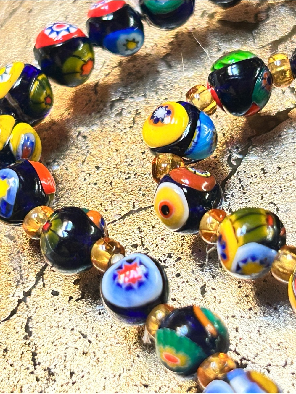 Murano Multicolor Millefiori Glass Bead Necklace with Gold Bead Accents